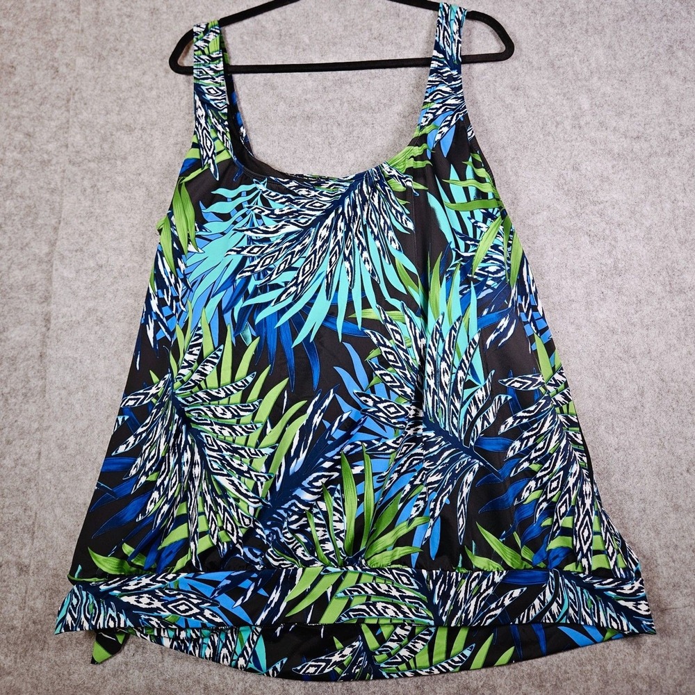Beach Belle Blue Green Tropical Side Tie Tankini Top Swim Vacation Sz 26